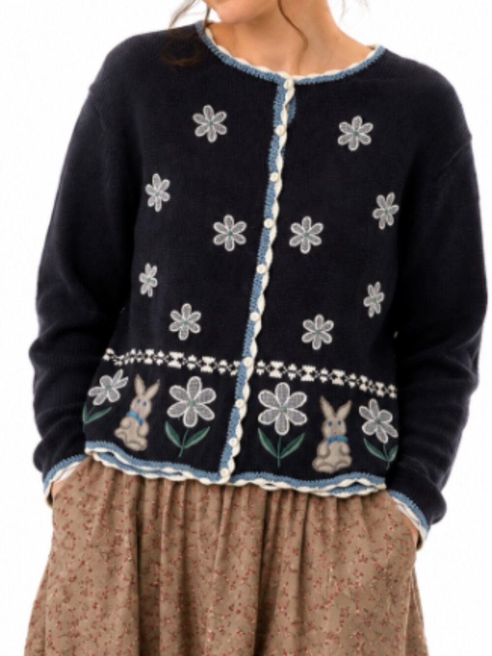 Christopher & Banks Vintage Floral Bunny Cardigan Sweater Sz Med Cottagecore